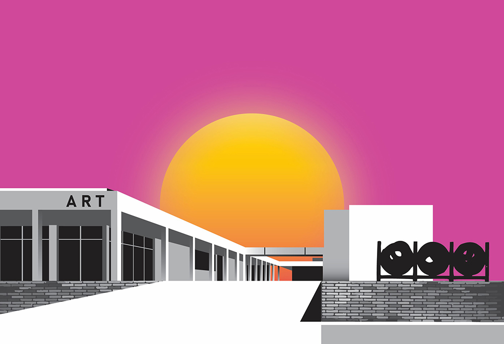 Digital illustration of a building with sun in the background.