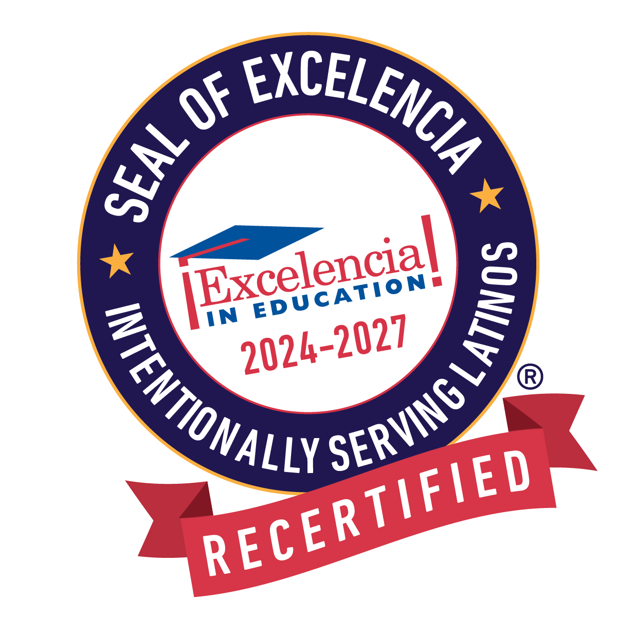 Navy blue seal of excelencia with recertified red ribbon